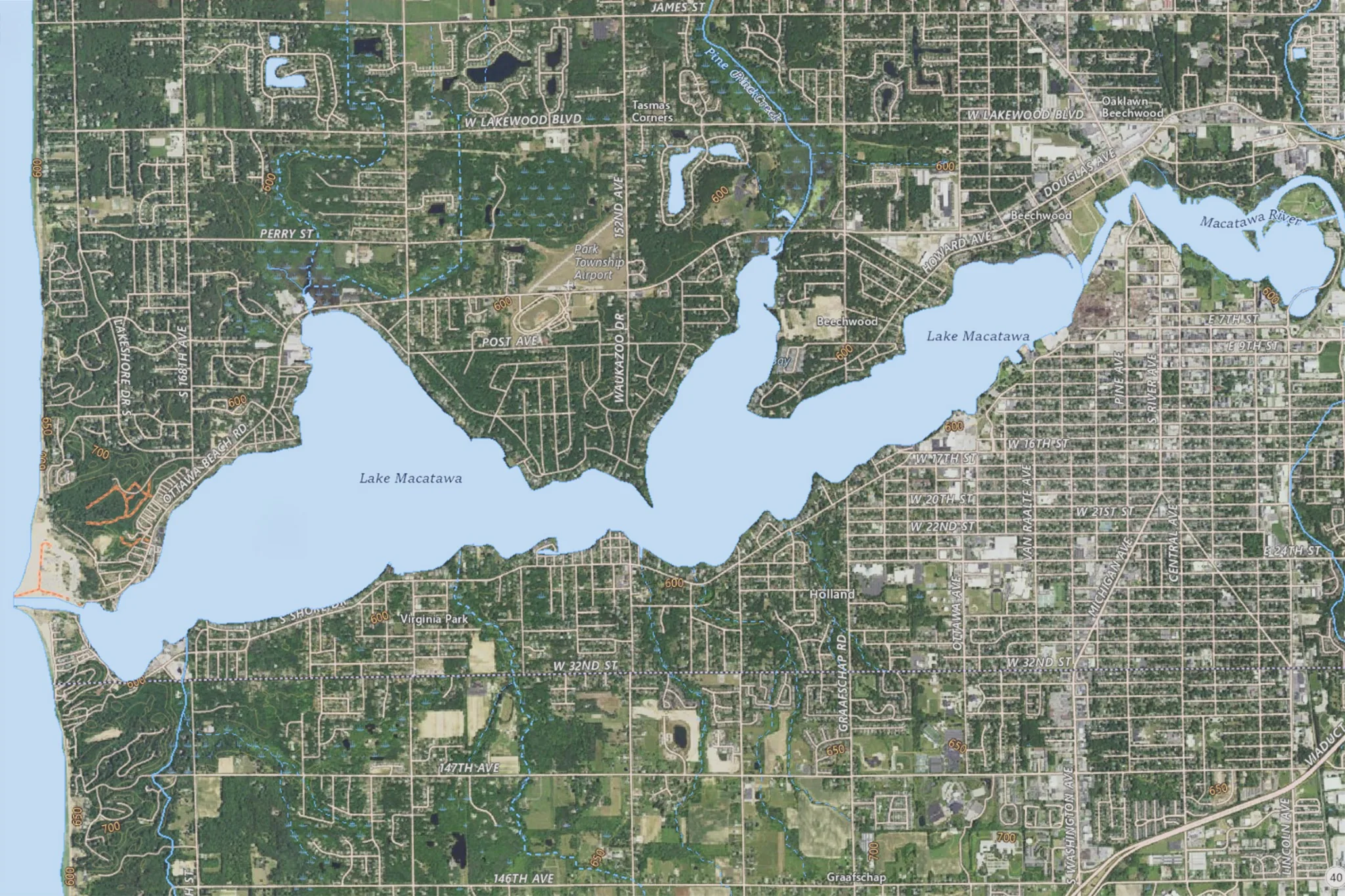 Aerial view of Lake Macatawa and surrounding streets near Holland, Michigan.